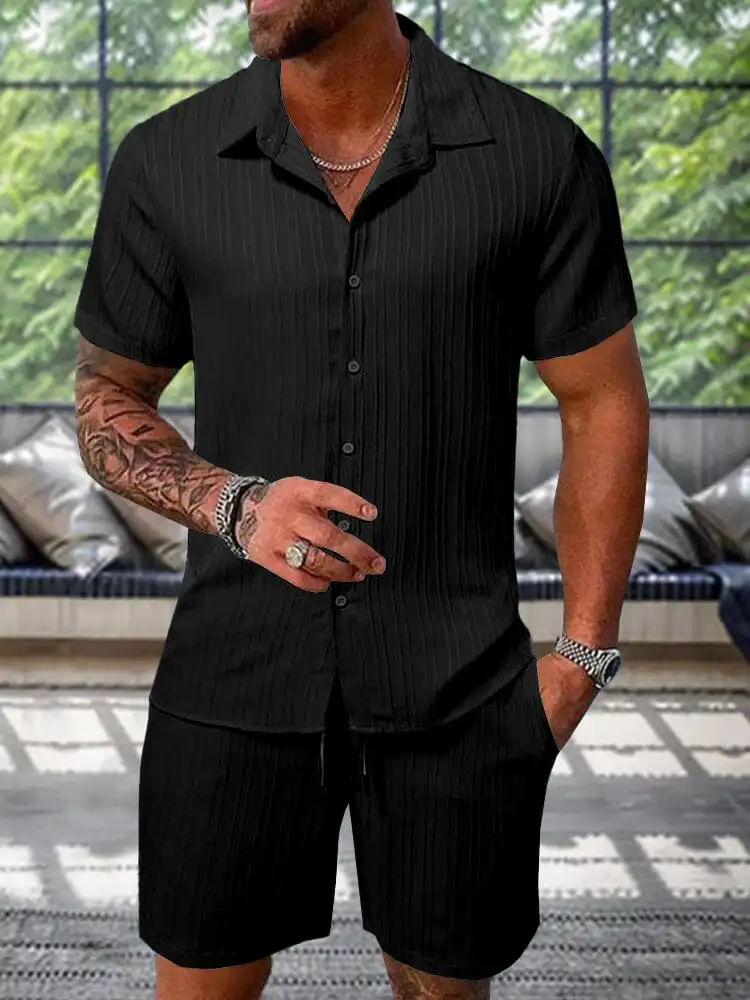 Comfortable and Breathable Leisure Textured Shirt Set