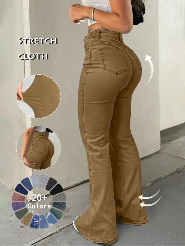 Women's High Waist Flare Jeans – Casual Button Fly Bell Bottom Denim Trousers