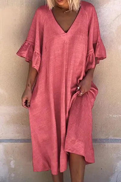 Casual Solid Patchwork Flounce V Neck Dresses