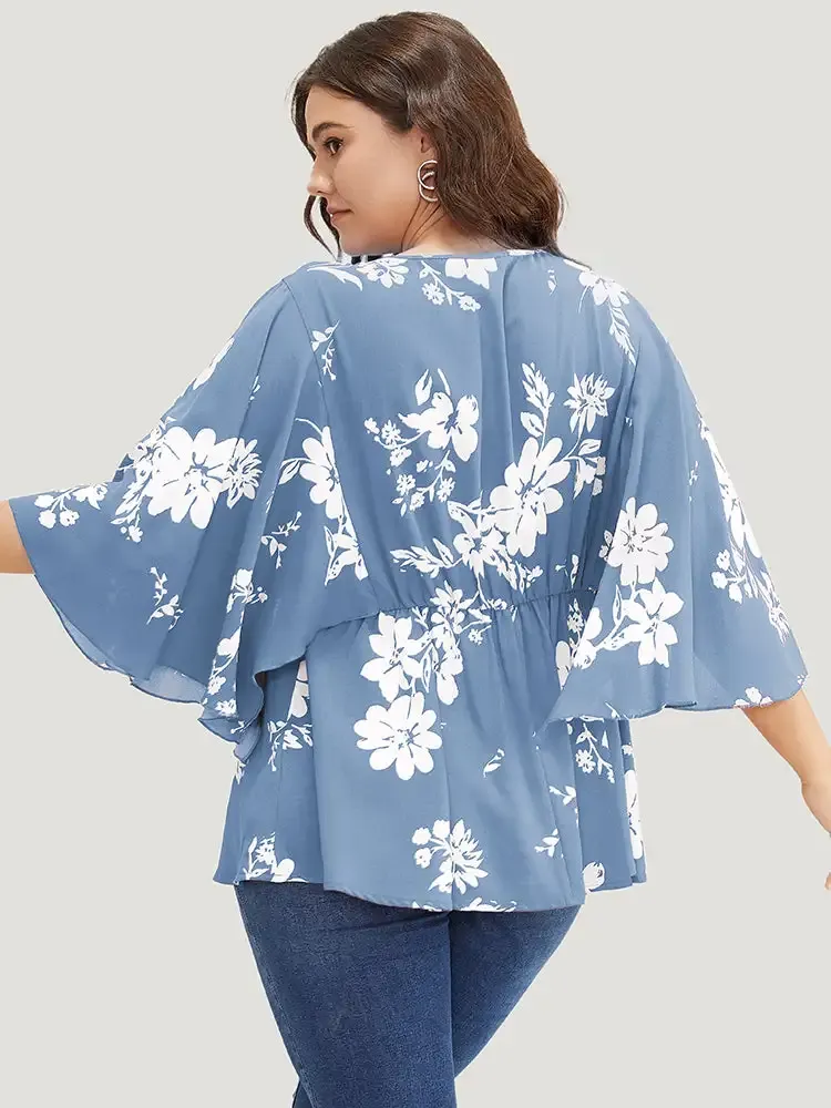 Floral Printed Plicated Detail Flutter Sleeve Blouse
