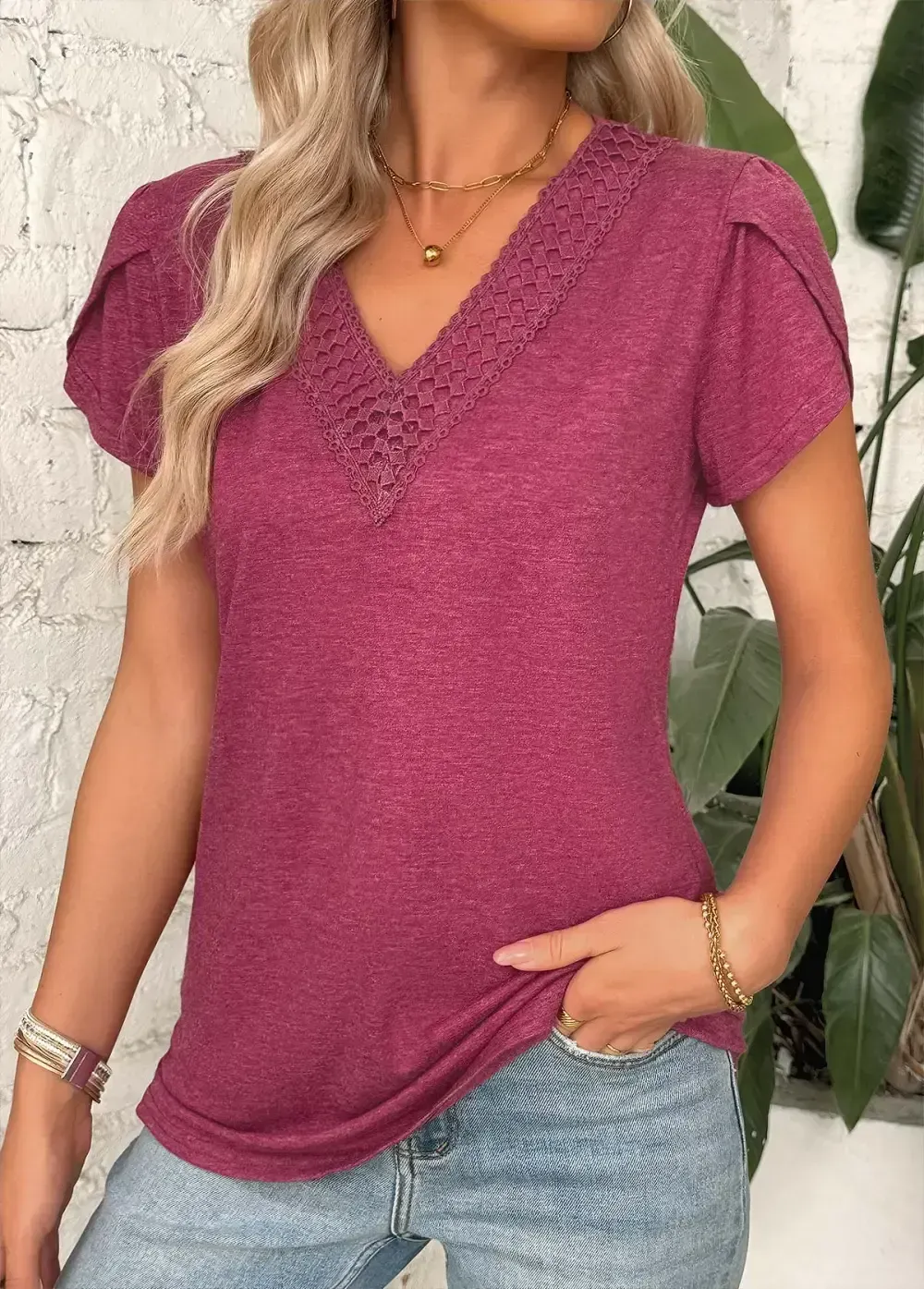 Dark Reddish Purple Short Sleeve V Neck T Shirt