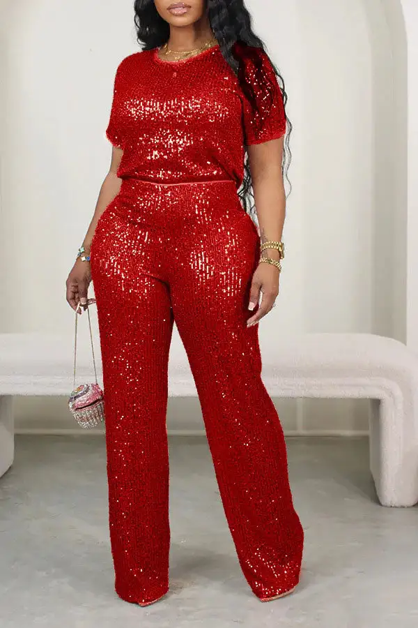 Sequin Short Sleeve Pant Set
