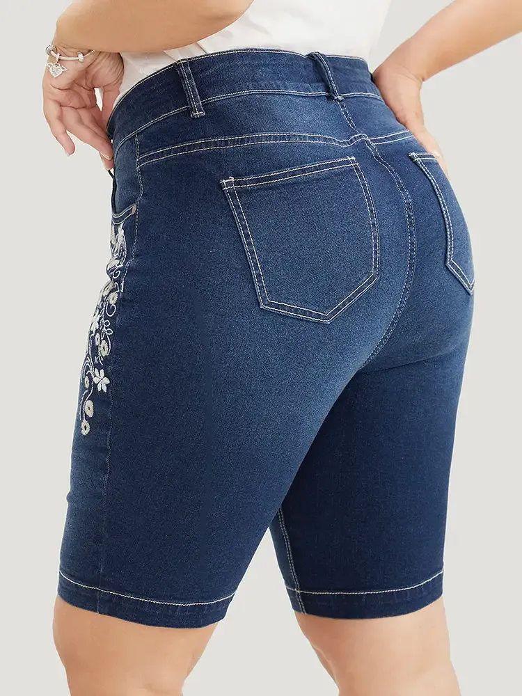 Very Stretchy High Rise Dark Wash Floral Embroidered Denim Shorts