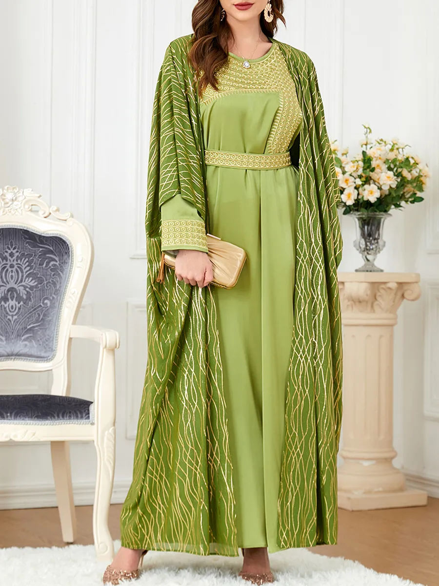 Round neck embroidery and gold stamping long sleeved dress cardigan two-piece set