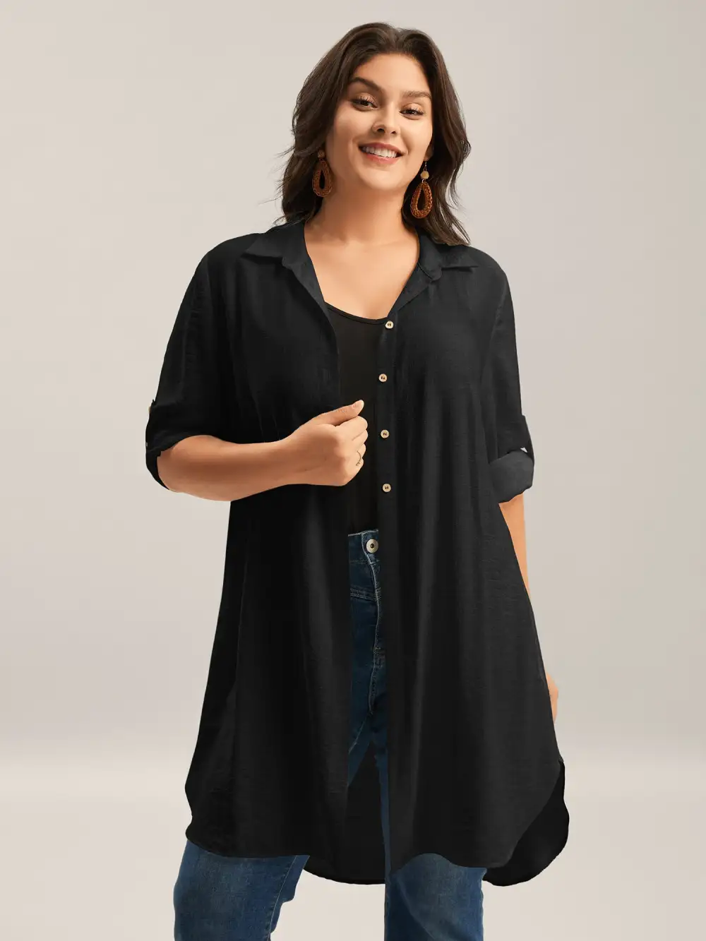 Front-Open Long Basic Blouse