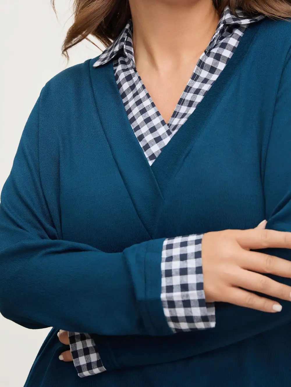 Gingham Patchwork Shirt Collar Arc Hem Sweatshirt