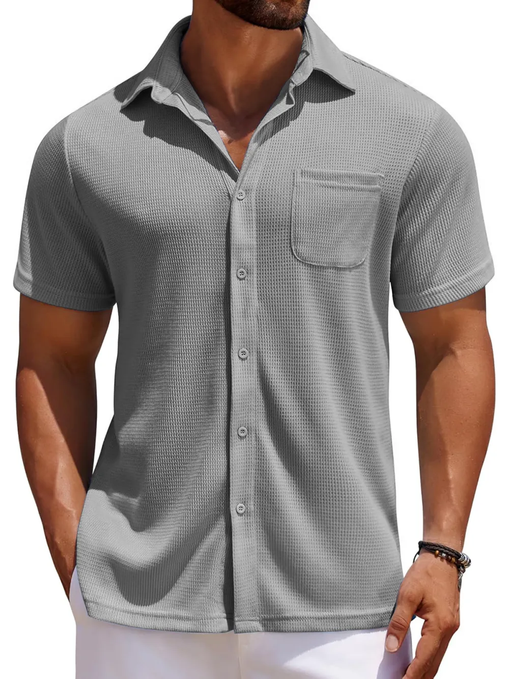 Men's Everyday Waffle Casual Pocket Solid Color Short Sleeve Shirt