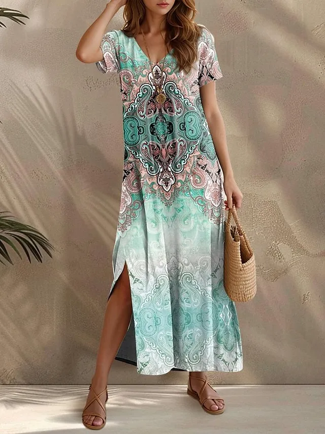 Women's Casual Dress Graphic Tribal Split Hem V Neck Maxi Dress Boho Vacation Short Sleeve Summer
