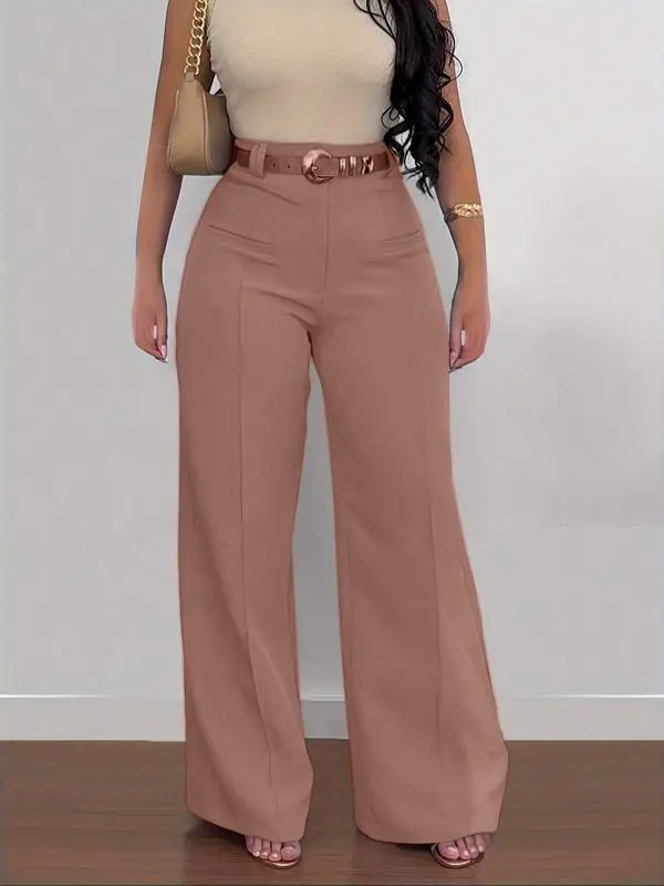 Women's Plain Pocket Wide Leg Fit Pants, Basic Classy Comfy Trousers for Spring & Fall