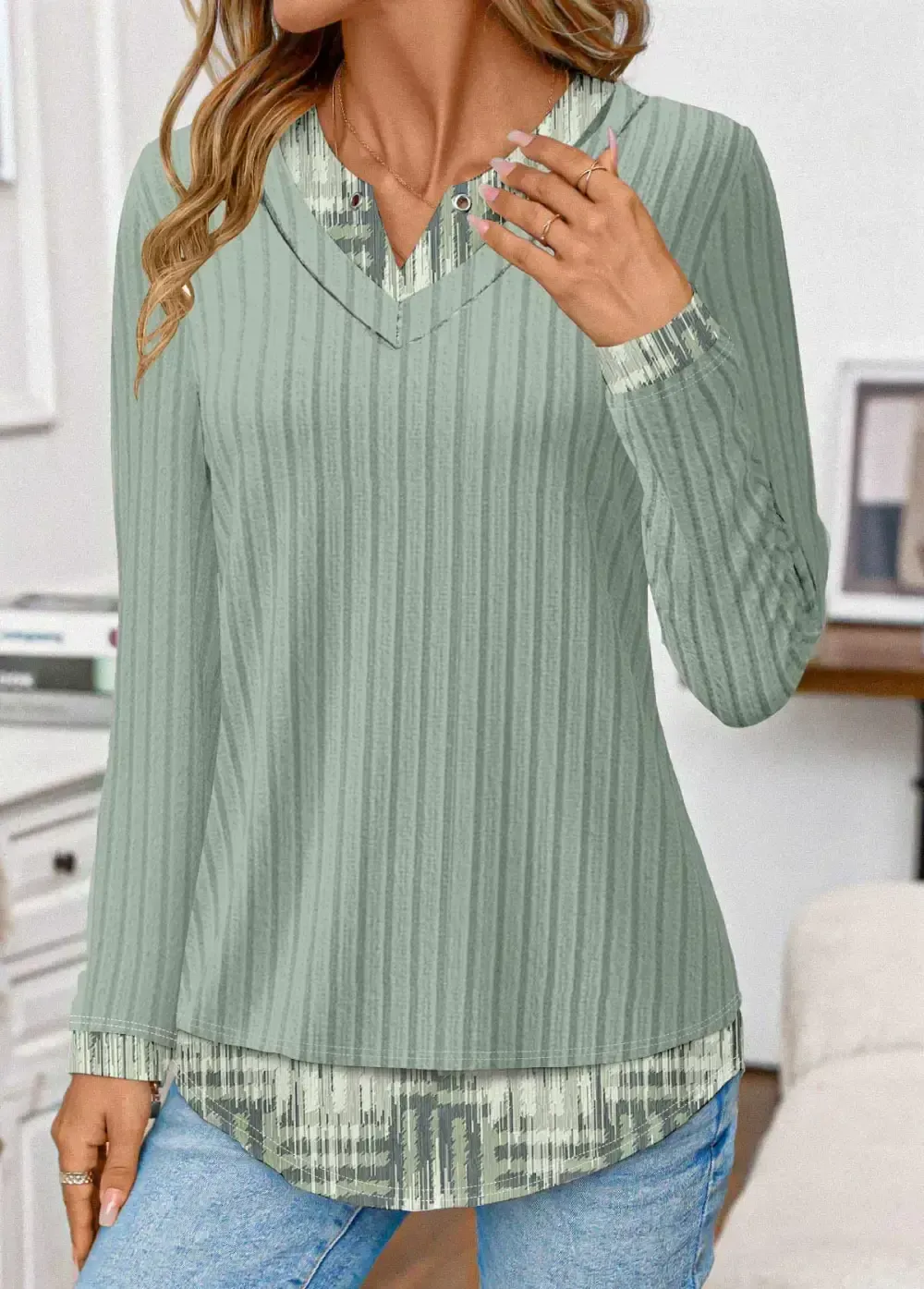 Sage Green Geometric Print Fake Two Piece Twinset