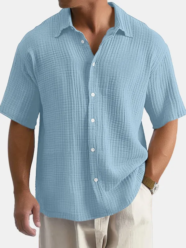 Men's Casual Summer 100% Cotton Solid Color Short Sleeve Shirt