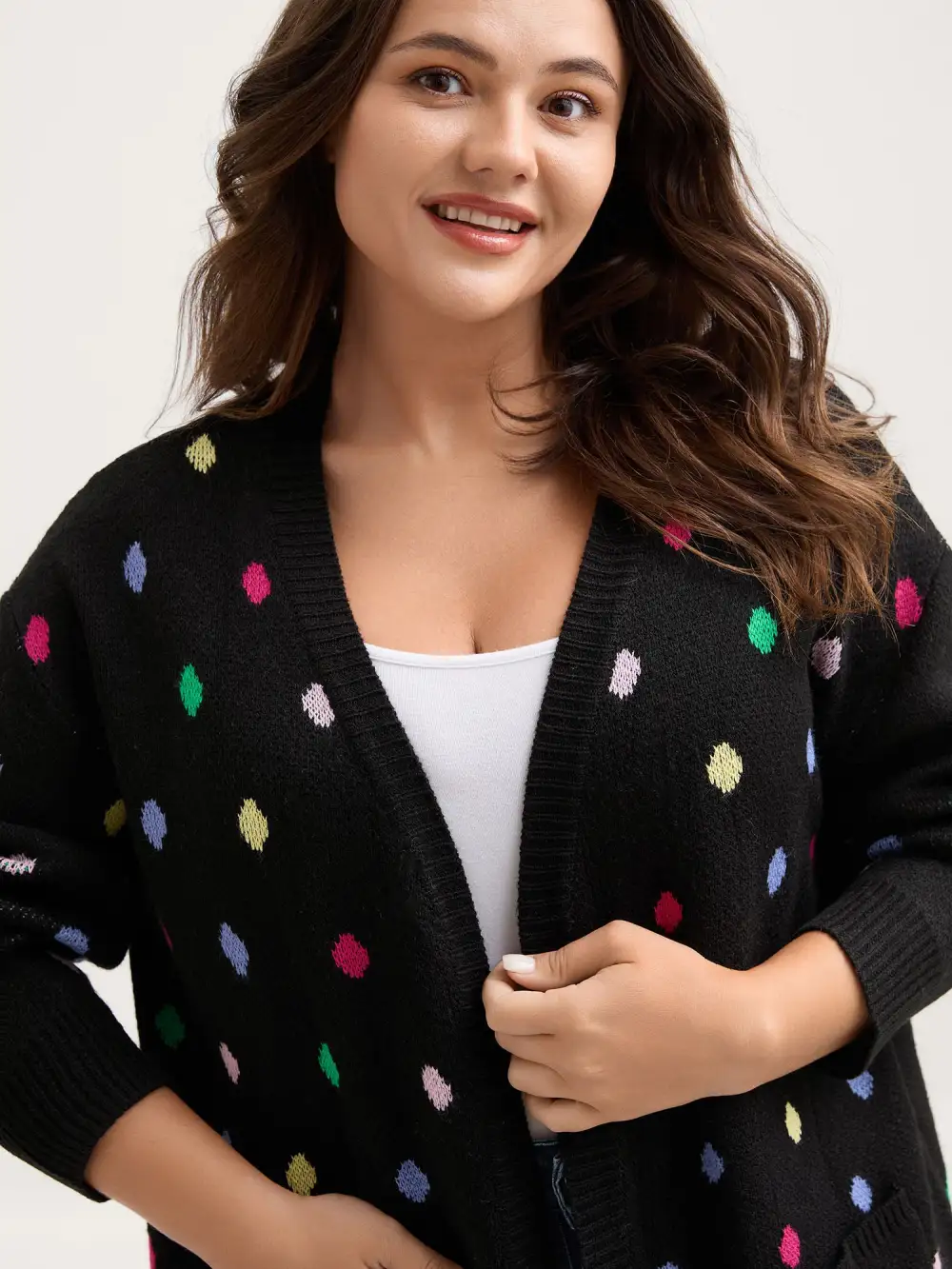Colorful Polka Dots Pockets Knit Cardigan