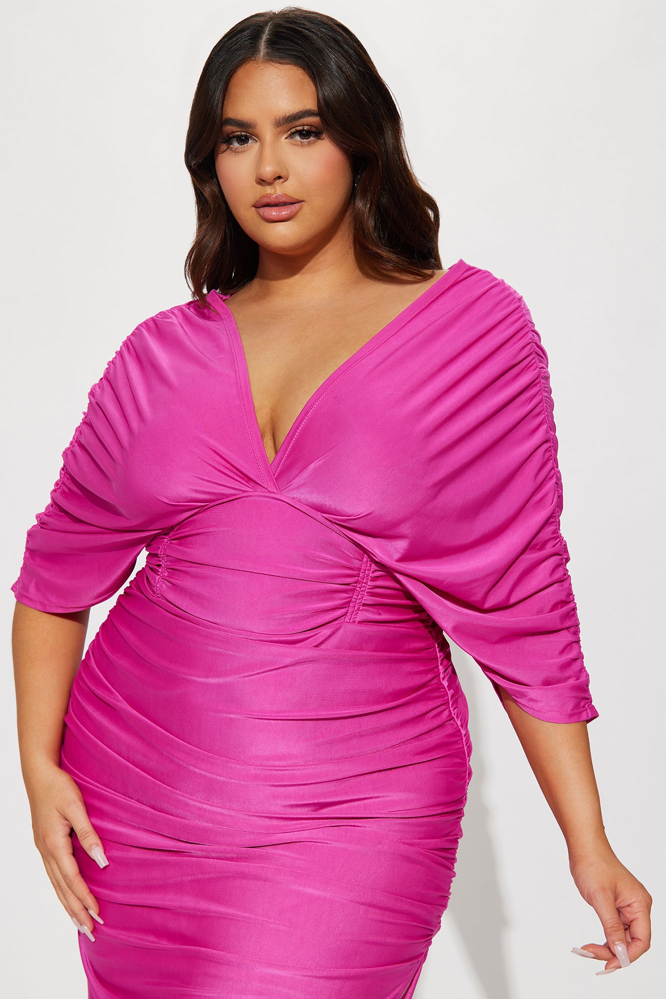 Mandy Ruched Midi Dress - Magenta