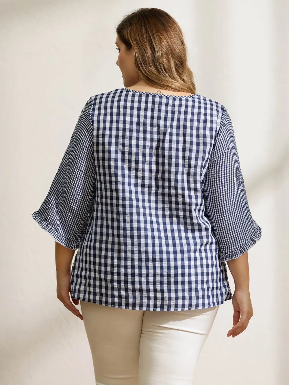 Checkered Print Flared Overlap Sleeve Blouse