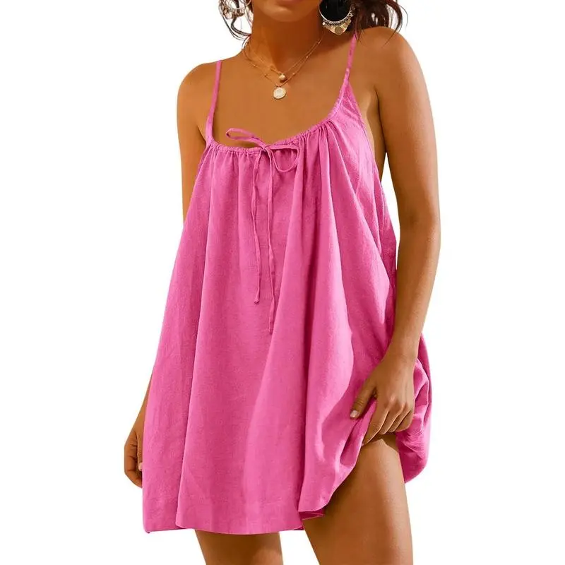 Women's Spaghetti Strap Beach Cover Up – Linen Backless Mini Dress with Pockets
