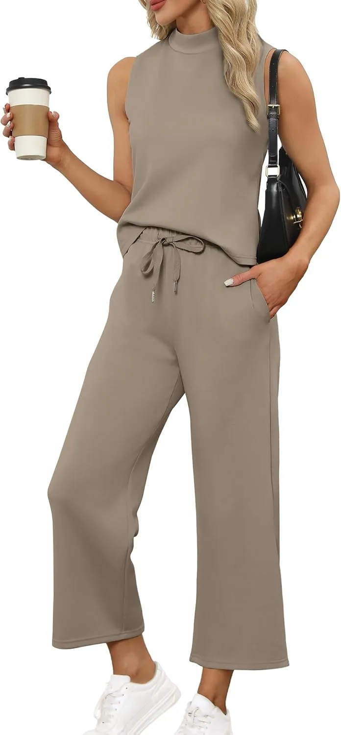 Two Piece Sets for Women Summer Outfits Lounge Sets Mock Neck Tops Wide Leg Crop Pants Vacation Travel Outfits