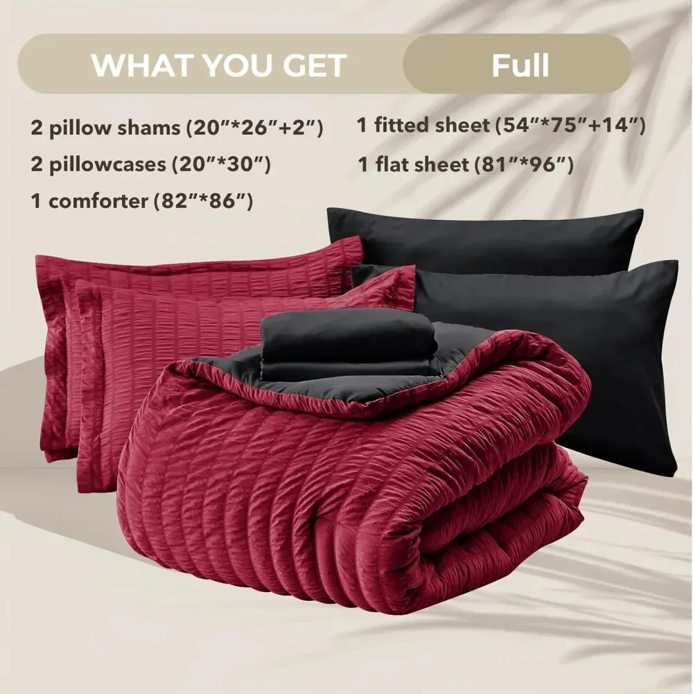 Queen Comforter Set Seersucker 7 Pieces, All Season Luxury Bed in a Bag for Bedroom, Bedding Set with Comforters, Sheets, Pillowcases & Shams, Dark Grey