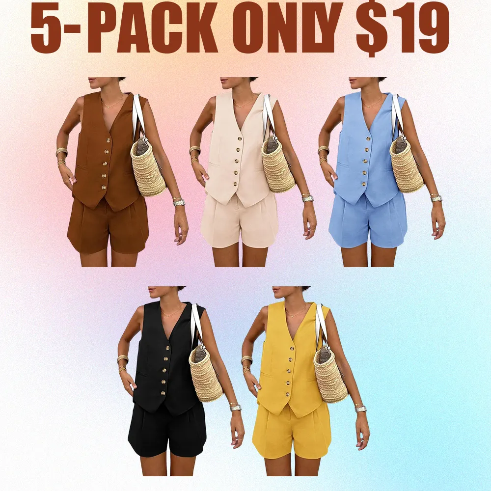 Women's 2-Piece Summer Outfit – Sleeveless V-Neck Button Down Top & Shorts Set with Pockets, Minimalist Casual Loungewear