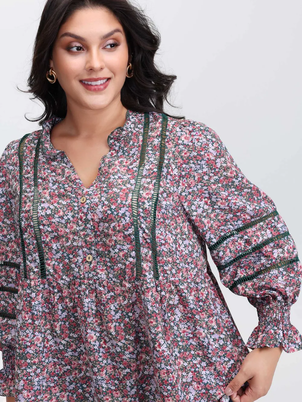 Floral Print Lace Trim Placket Blouse