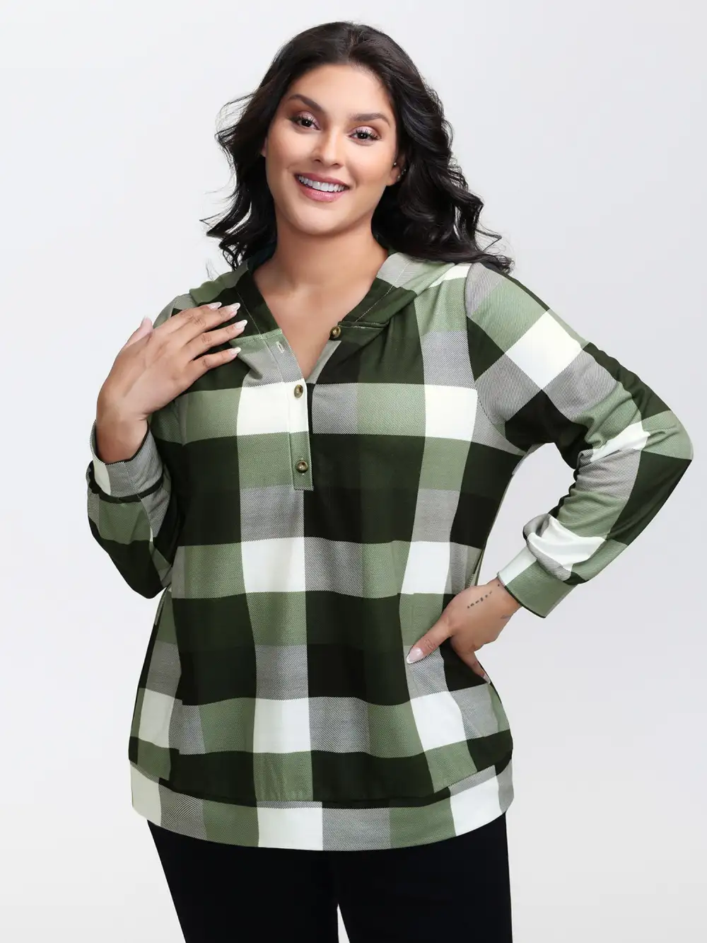 Checkered Print Button Hoodie