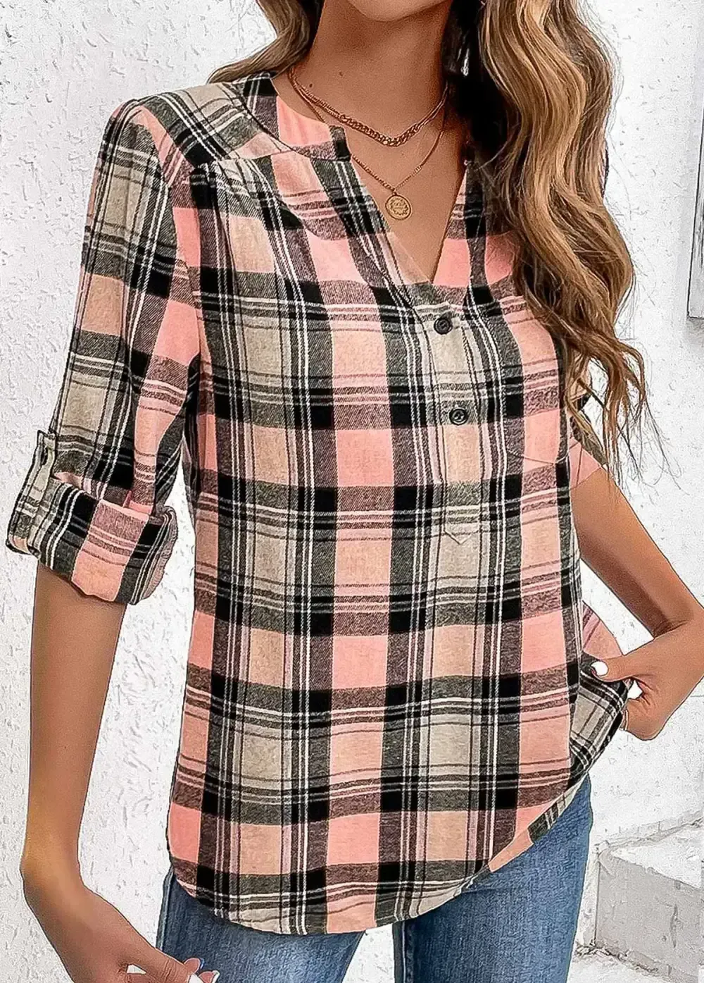 Pink Ruched Plaid Long Sleeve Split Neck Blouse