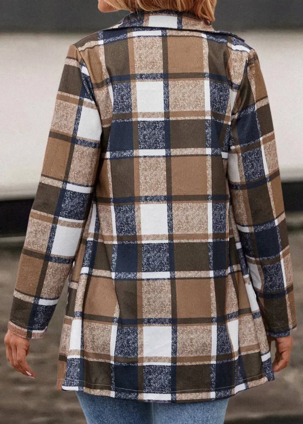 Dark Camel Pocket Plaid Long Sleeve Lapel Coat