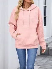 Women's Texture Blouse Pullover Hoodie Sweatshirt Plain Streetwear Casual Long Sleeve Hooded Regular Tops Street Holiday Going out Pocket Black Pink Brown Khaki Gray Fall