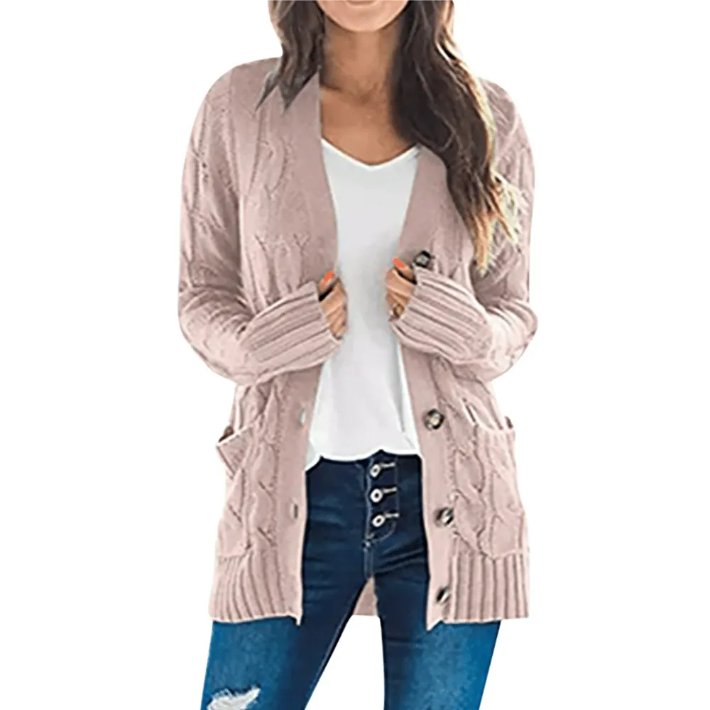 Women's Fall Casual Long Sleeve Button Down Open Front Cable Knit Cardigan
