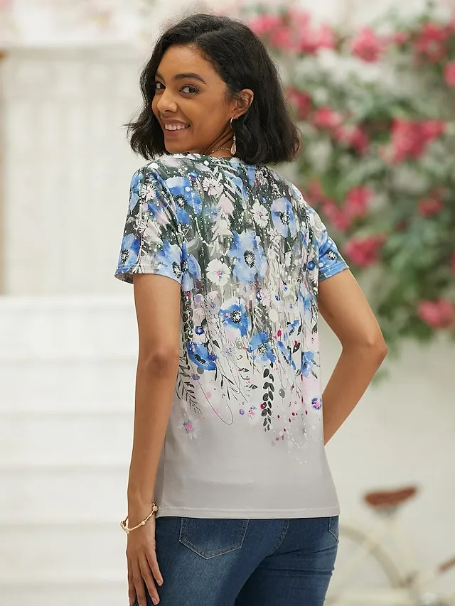 Women's T shirt Tee Floral Holiday Weekend Print Pink Short Sleeve Basic V Neck