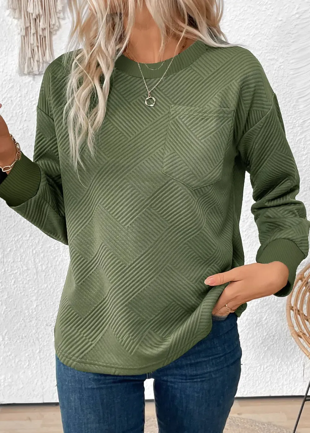 Olive Green Jacquard Long Sleeve Round Neck Sweatshirt