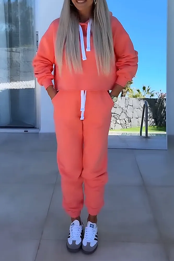 Women's solid color round neck top and pants two-piece set
