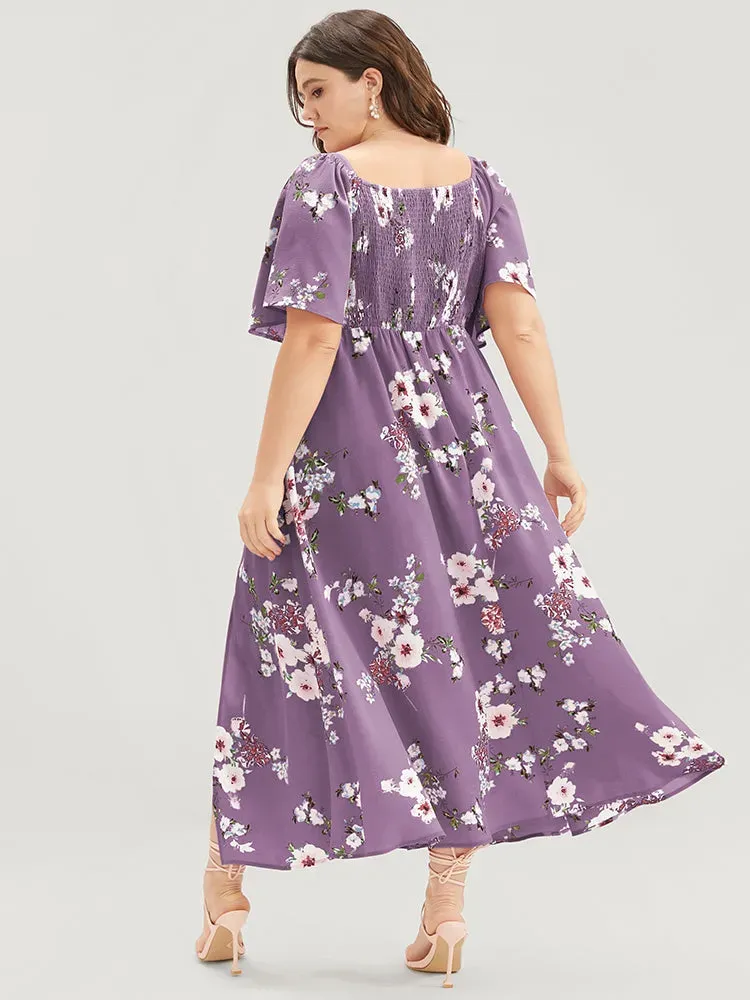 Floral Square Neck Ruffles Pocket Shirred Split Dress