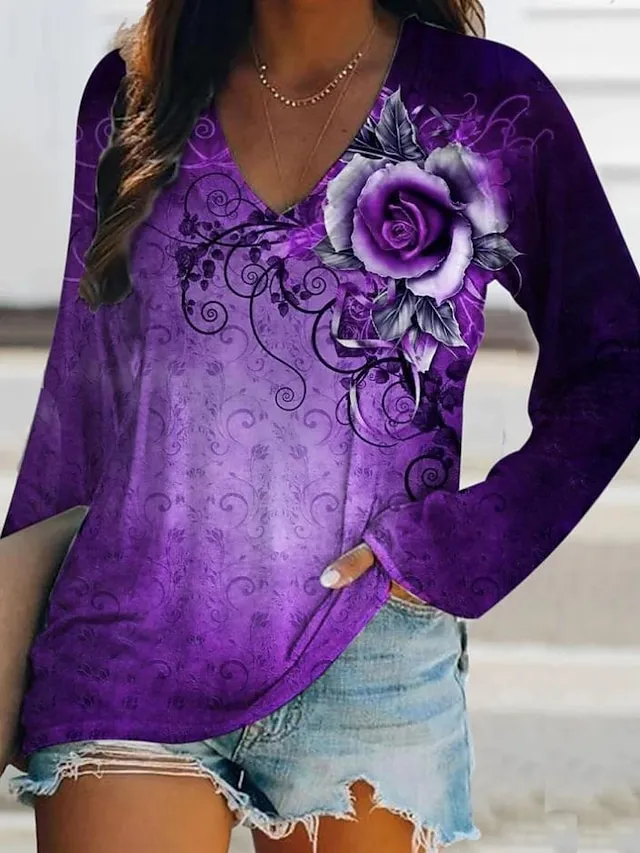 Women's T shirt Tee Burgundy Tee Halloween Shirt Cat Print Halloween Weekend Daily Basic Long Sleeve V Neck Yellow Fall & Winter