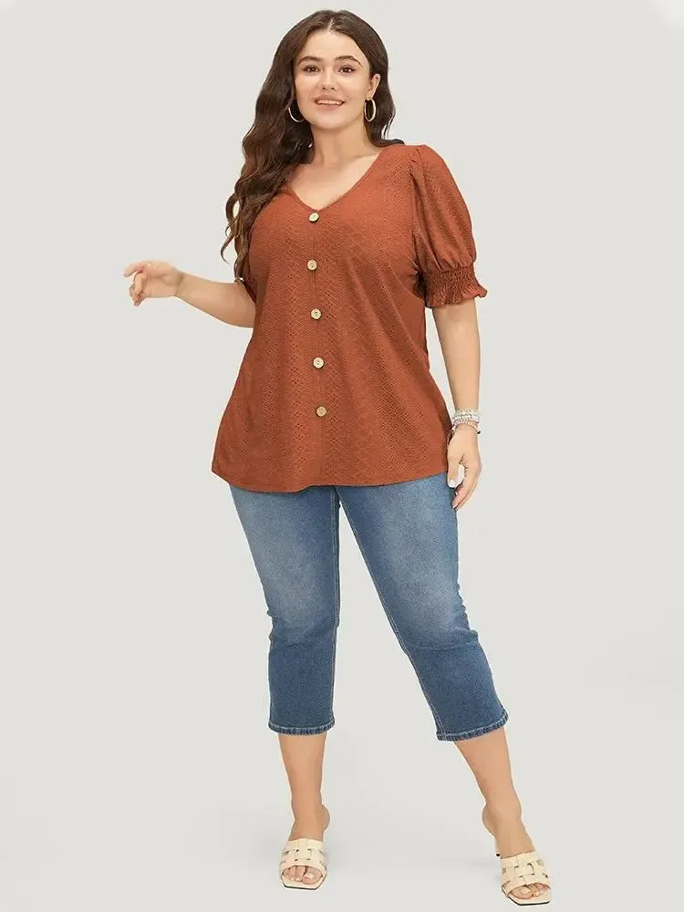 Plain Broderie Anglaise Shirred Puff Sleeve Button Detail T-shirt