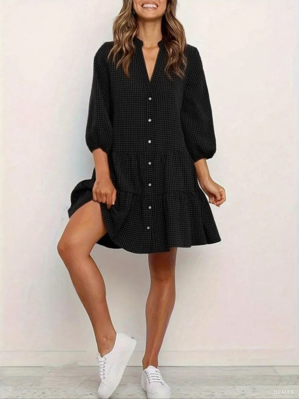 Women's Gingham Ruffle Shirt Dress – Button Front Notched Neck Mini Dress with Bishop Sleeves, Casual Chic Outfit for Spring, Summer & Fall