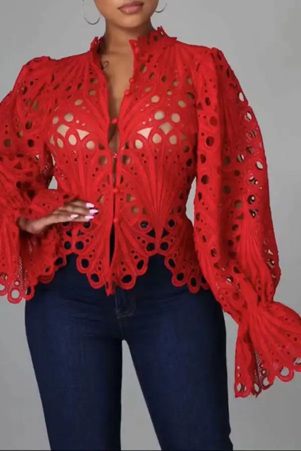 Lace Deep V Sweet Cutout Blouse