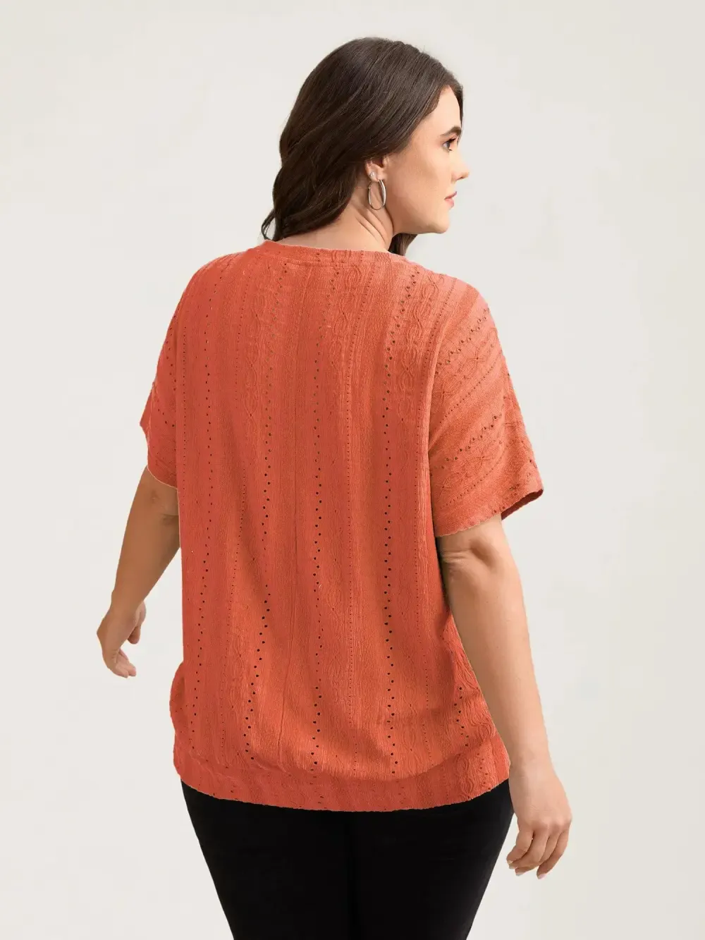 Eyelet Trim Stretchy Textured Plain Top