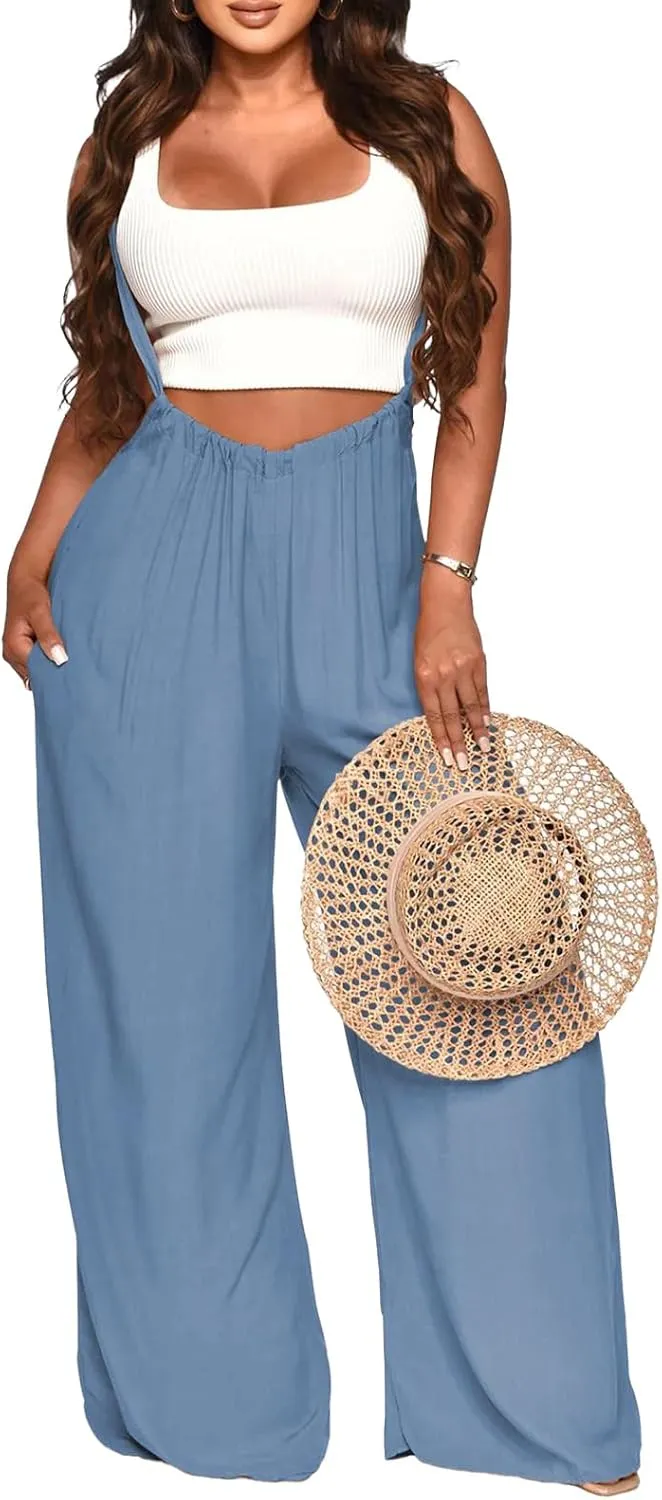 Womens Jumpsuit Casual Loose Sleeveless Adjustable Spaghetti Straps Wide Leg Pants Baggy Overalls With Pockets