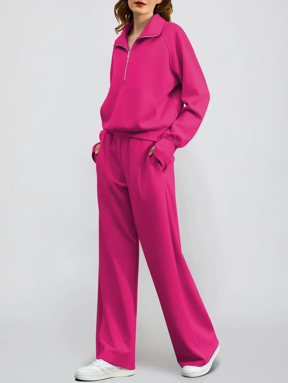 Women's Oversized Half Zip Wide Leg 2 Piece Outfits Lounge Set