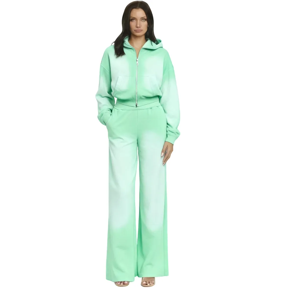 Ombre Zip - Up 2 Pieces Set Cropped -Sweatshirt & Wide - Leg Pants