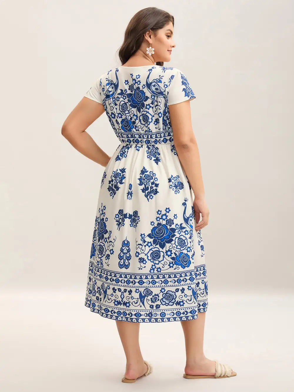 Boho Print V-Neck Pockets Midi Dress