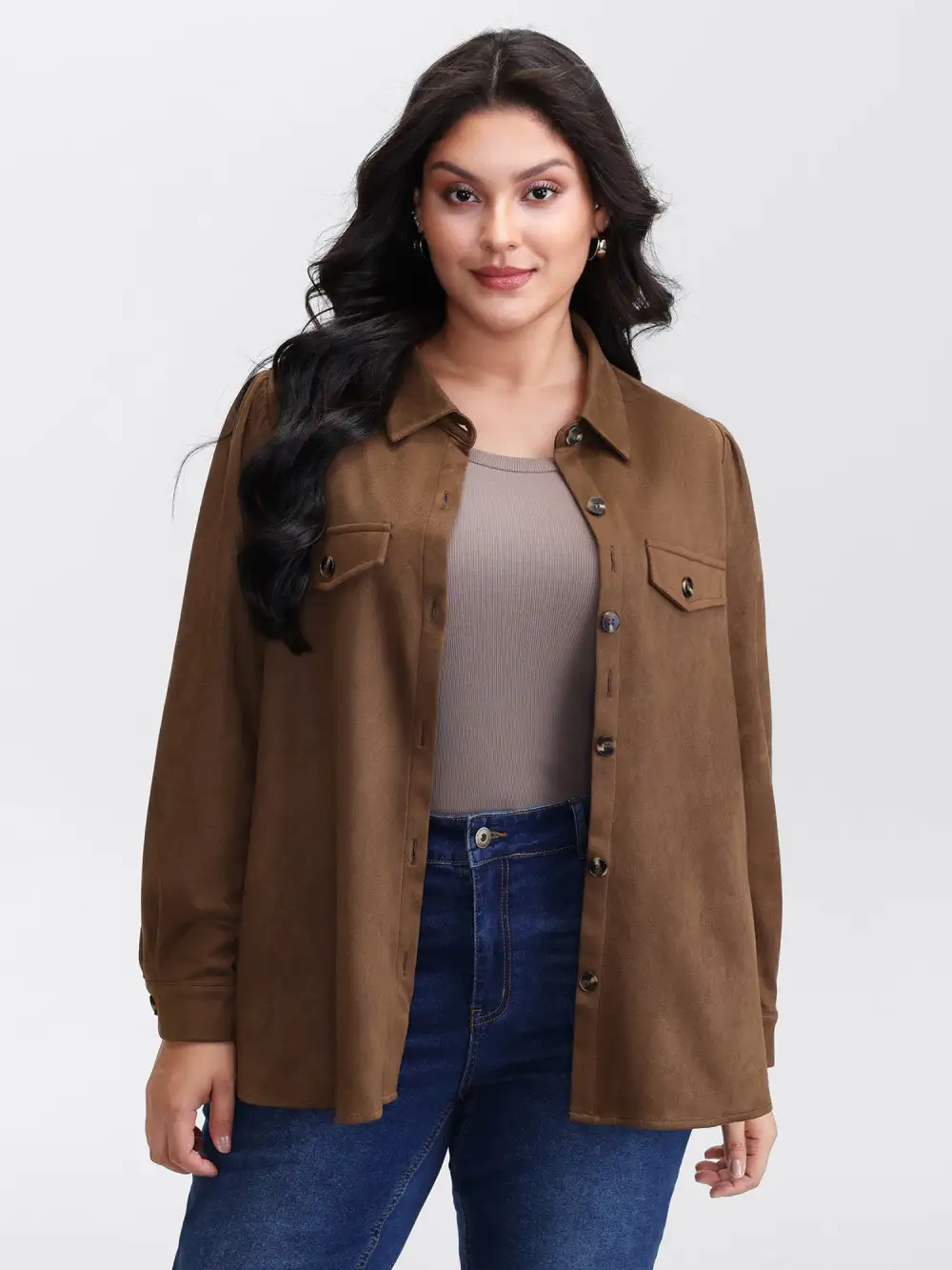 Suede Open-Front Belted Long Shirt