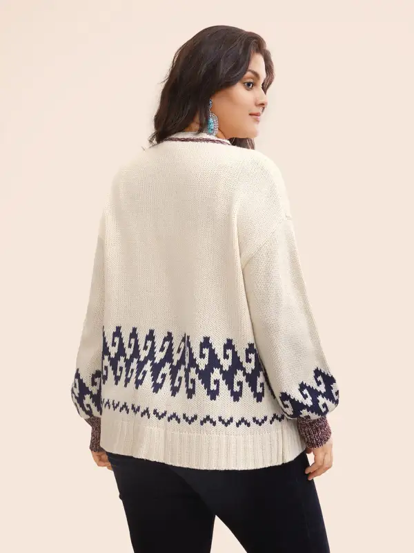 Fair Isle Balloon Sleeve Crew Neck Cardigan