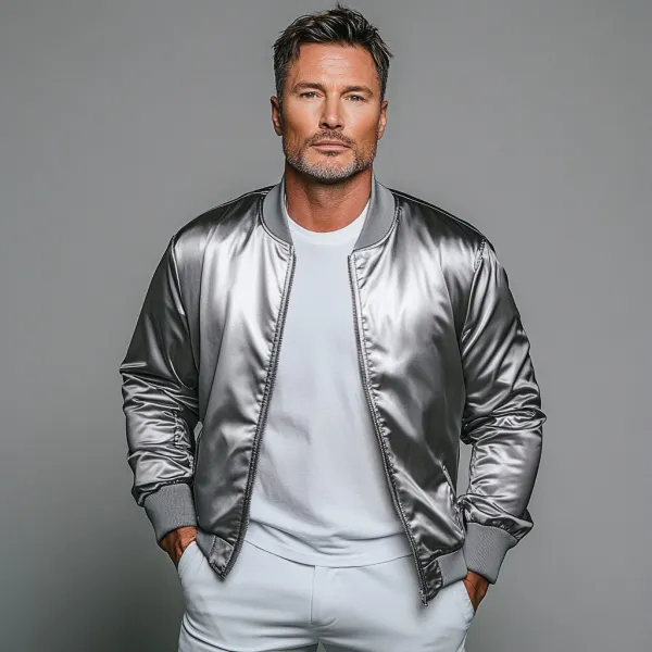 Men's Satin Stand Collar Long Sleeve Zip Up Bomber Jacket