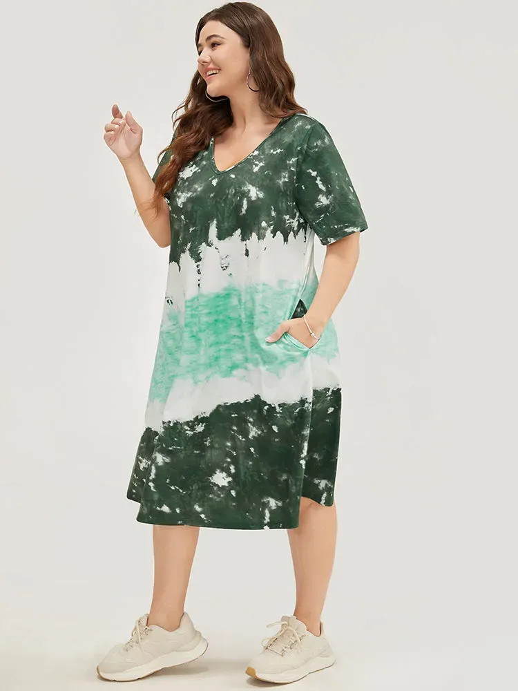 Tie Dye V Neck Pocket Midi Dress