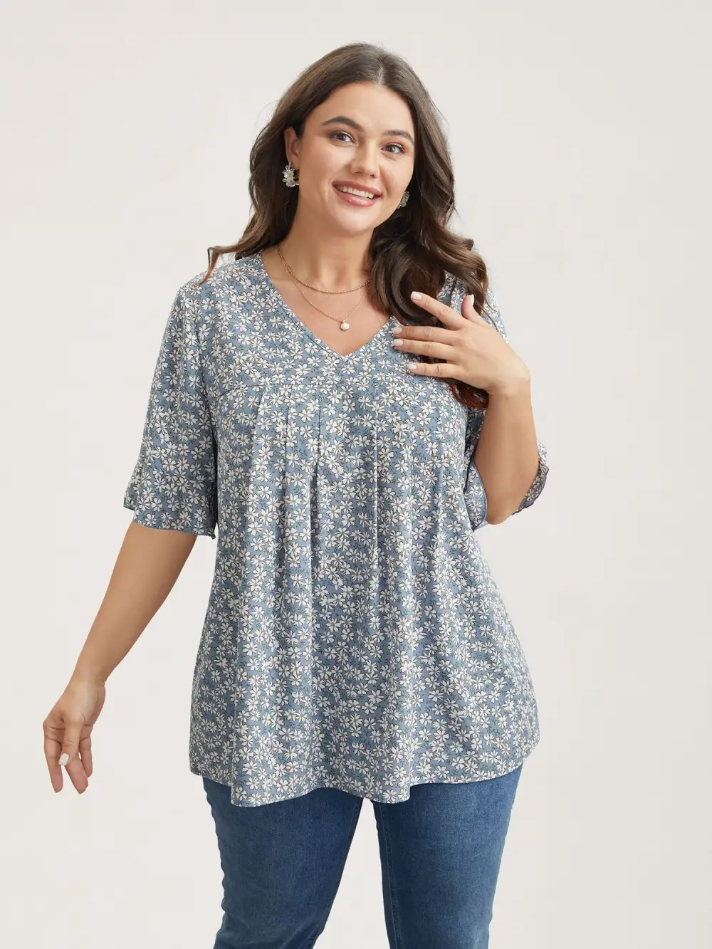 Ditsy Floral Pleated Flared Sleeve Shirt