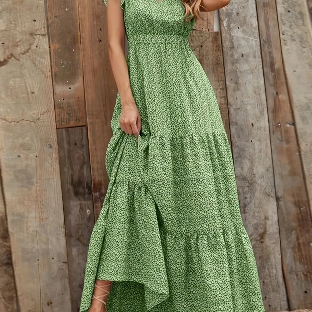 Ditsy Floral Print High Waist Dress, Elegant Ruffle Trim Sleeveless V Neck Maxi Dress, Women's Clothing