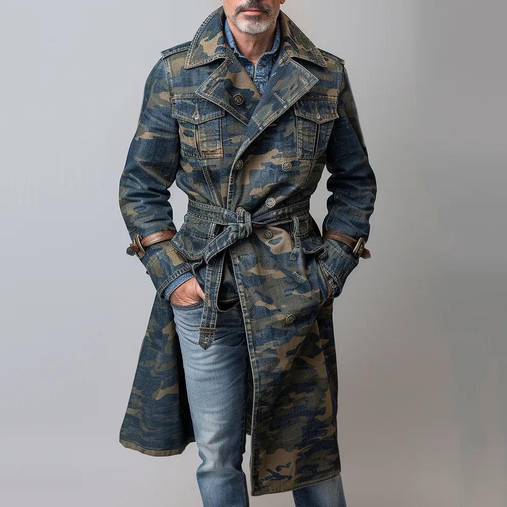 Men's Camo Peaked Lapel Lace Up Knee Length Trench Coat