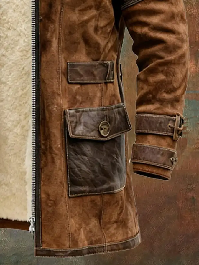 Men's Vintage Brown Shearling Coat With Fur Collar
