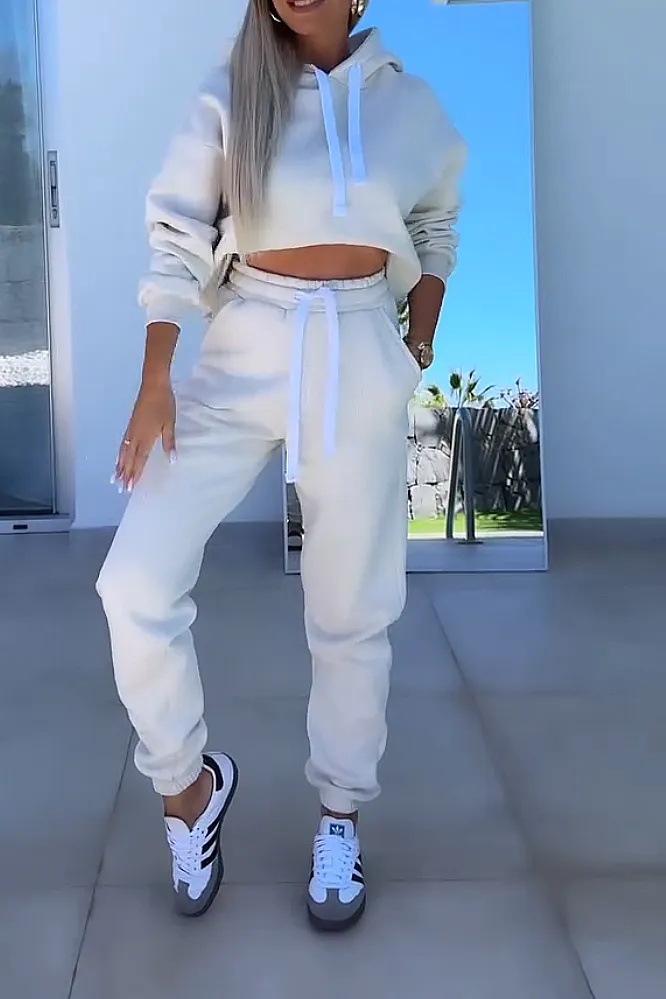 Women's solid color round neck top and pants two-piece set